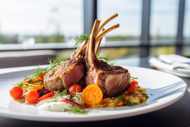 Rack of Lamb for Lunch on the Wooden Table with Garden Nature View Background