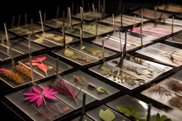 ゲネレーティブAIで作成された様々な植物標本の微鏡スライドのラック