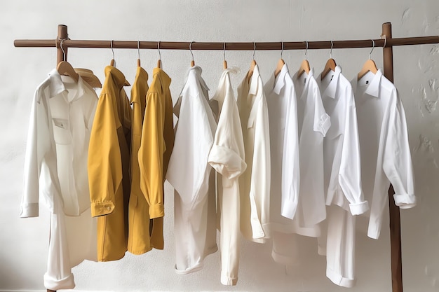 A rack of white shirts with the word'fashion'on it