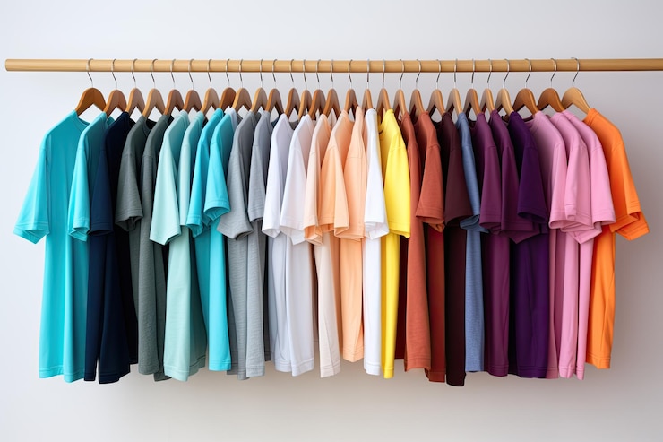Photo rack with colorful plain tshirts hang on clothes hanger in closet
