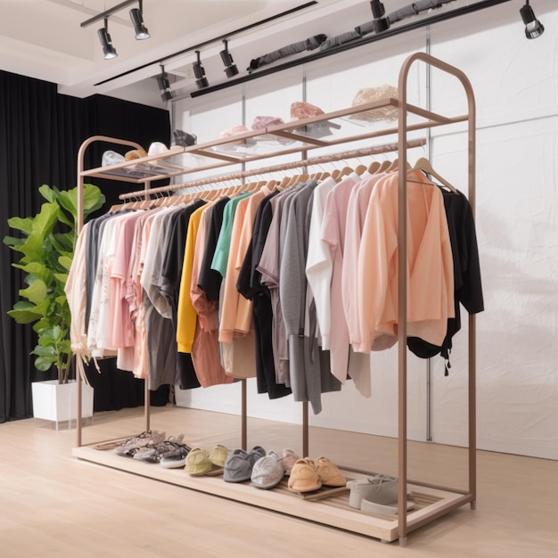 A rack with a number of clothes on it and a black curtain behind it.