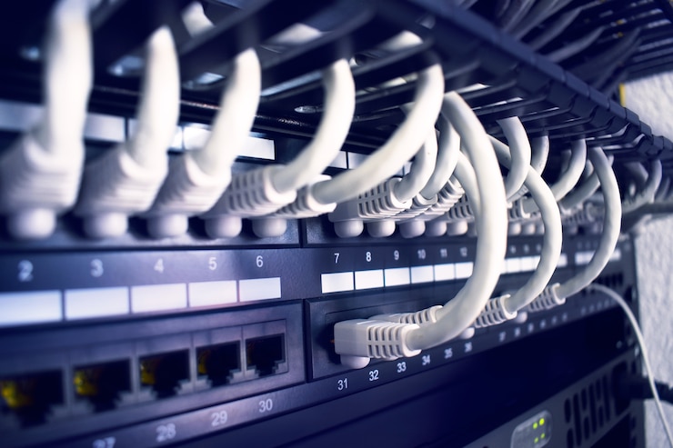 Photo rack with servers, networks and telecommunications. network lan