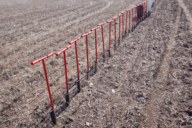 Rack with shovels near an arid field before tree planting