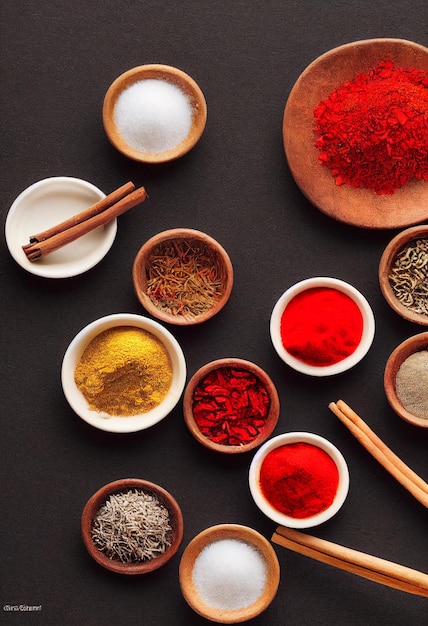 Rack with traditional indian spices for cooking cardamom\
turmeric cumin coriander seeds cinnamon and chili different spices\
on dark bowls still life on wooden table with copy space