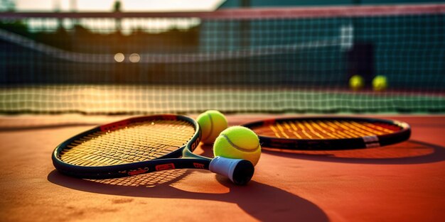 Rackets and balls for playing pickleball at the sports net on the court