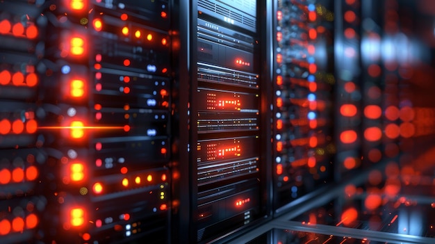 The racks of servers in a server room in a data center for computer security rendered in 3D