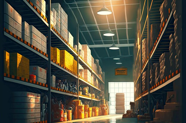 Racks with parcels on shelves in modern warehouse created with generative ai