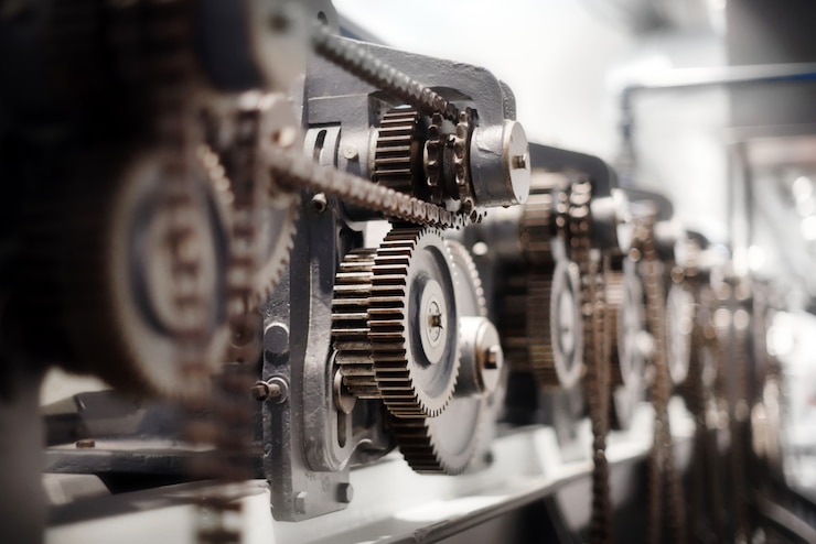 Photo racks with pinions in factory machine