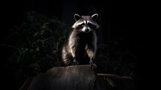 Photo racoon standing on a tree stump in the dark