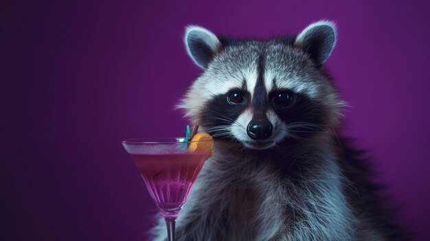 Photo racoon with cocktail