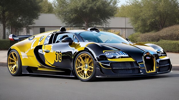 A rad and black bugatti veyron with a black and yellow paint