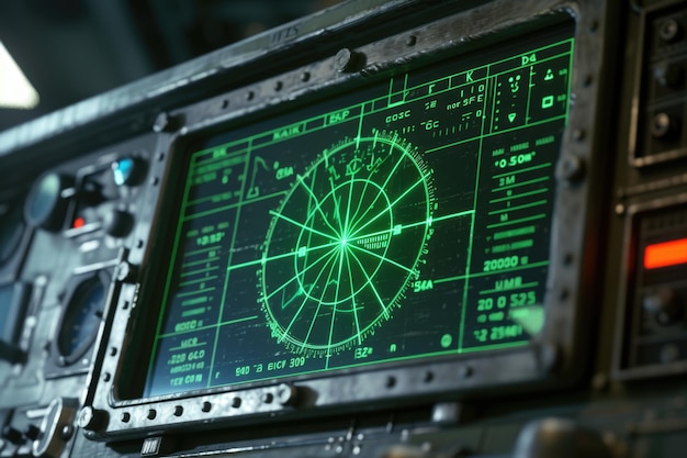 写真 現代の船の船長のブリッジに緑色のディスプレイ表示を持つレーダー画面