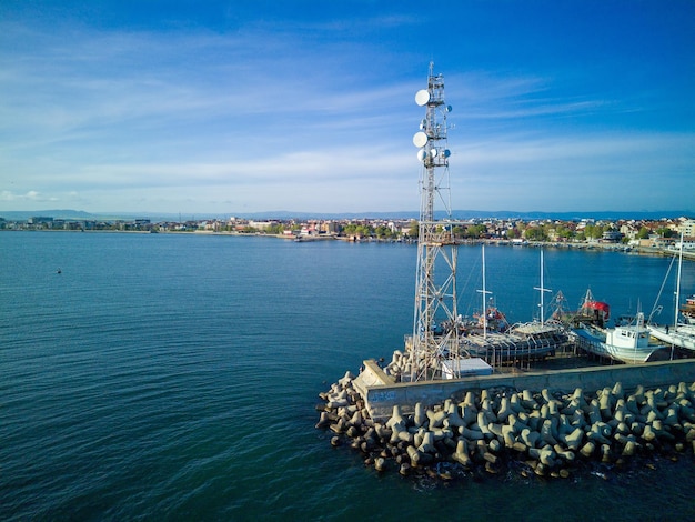 Radar station located in a sea port in the black sea near the\
bulgarian town of pomorie with a embankment