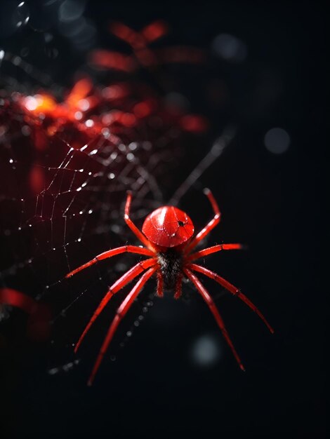 radiactive red glowing spider coming down a spider web with black background