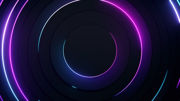 Radial abstract neon background. Laser neon lines move in a circle along a circular dark geometry.