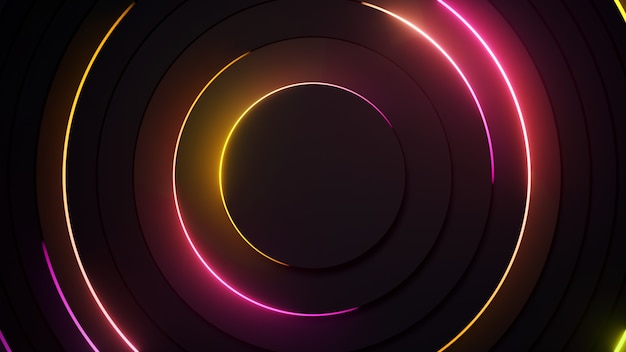 Radial abstract neon background. Laser neon lines move in a circle along a circular dark geometry.