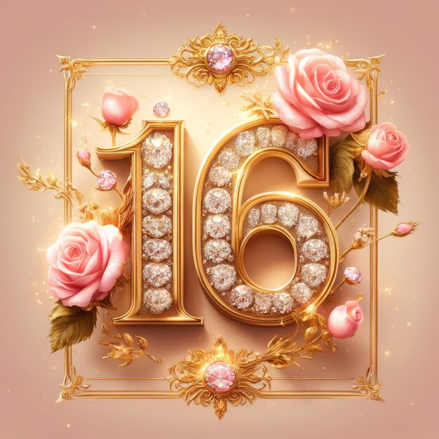 Photo radiant 16th birthday with diamonds and roses in gold frame