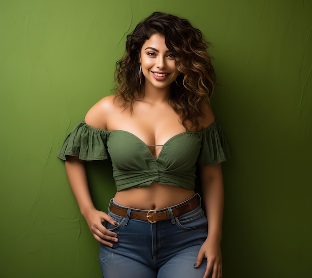 Radiant 24yearold indian chubby girl in emeraldgreen crop top and highwaisted jeans