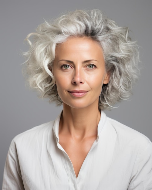 Radiant 50s mature woman portrait showcasing skincare beauty on white background