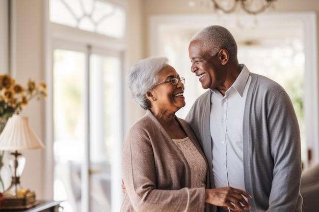 Photo radiant african american senior couple holding hands share smiles exuding happiness and joy home