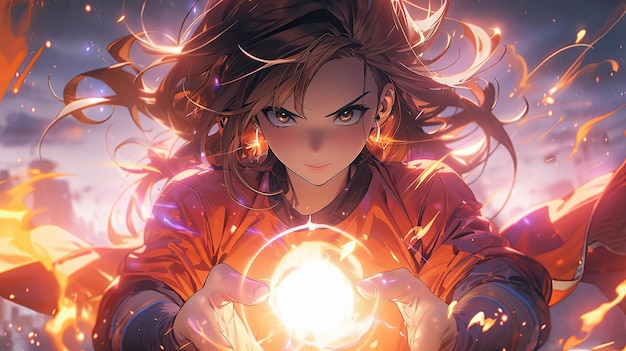 Radiant Anime Girl Masters Super Powers with a Splash of Japanese Kawaii Digital Art