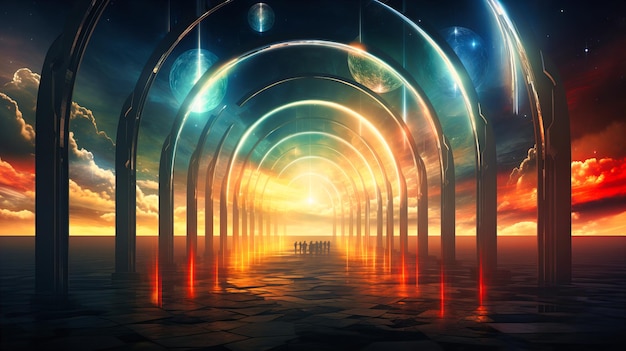 Radiant arcs forming gateways to digital realms