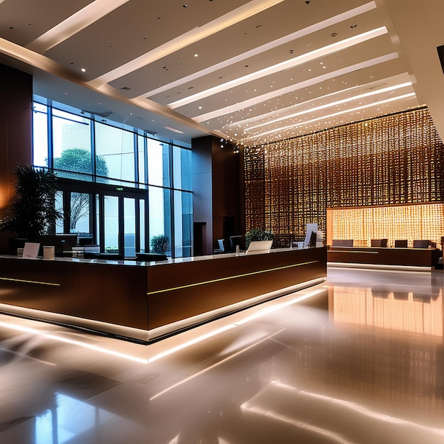 Photo radiant arrival hotel lobby with reception desk and illuminated wall of lights