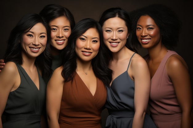 Radiant Asian Ladies Smiling in Glamorous Evening Gowns Posing Charmingly in Studio