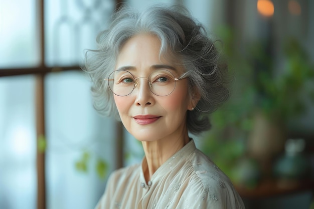 Radiant Asian MiddleAged Lady in Bright Surroundings