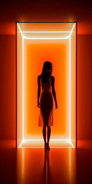 Radiant beauty emerges a stylish woman in an illuminated glass urn with orange neon lights