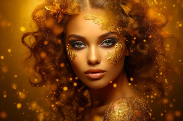 Radiant Beauty Graceful Woman Shines on a Golden Canvas