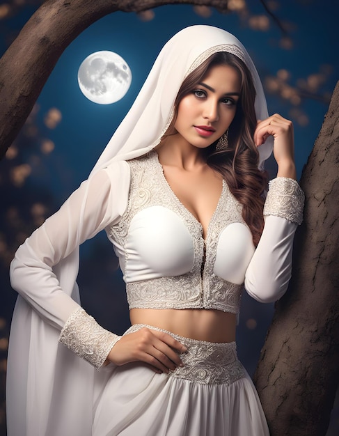 반이는 아름다움 파키스탄 여성은 달빛의 평온을 포옹합니다.