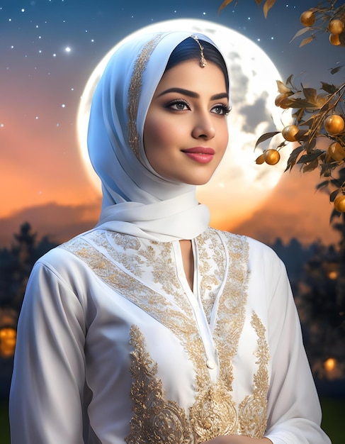 Излучающая красота пакистанская женщина обнимает лунную спокойствие