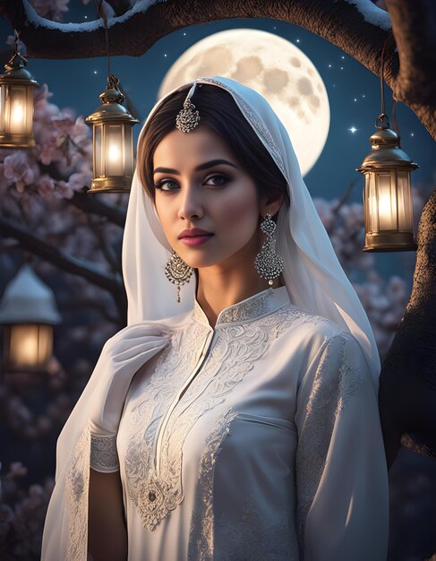 Radiant Beauty Pakistani Woman Embracing Moonlit Serenity