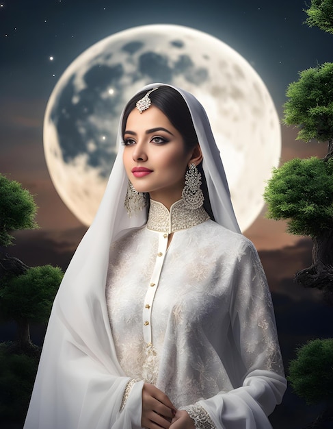 Radiant Beauty Pakistani Woman Embracing Moonlit Serenity