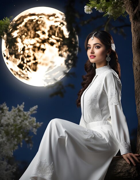Photo radiant beauty pakistani woman embracing moonlit serenity
