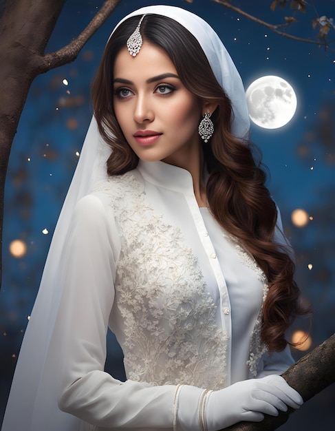 Photo radiant beauty pakistani woman embracing moonlit serenity