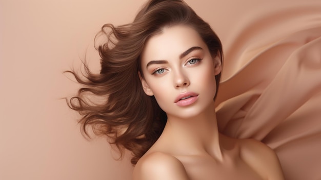 Портрет сияющей красоты с текущими волосами для косметической рекламы генеративного ИИ