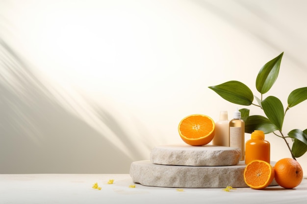 Radiant Beauty Showcasing a Skin Care Product on a Porous Stone and Orange Display for a Fresh and