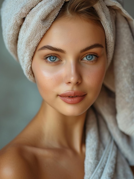Foto bellezza radiante con turbante a asciugamano
