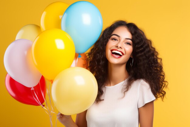 Radiant bliss young woman embracing joy with colorful air balloons a celebration of life