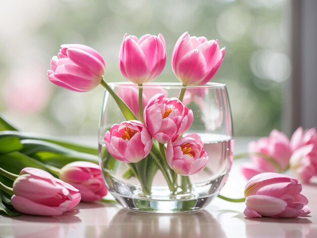 写真 鮮やかなピンクのチューリップの花が花瓶にく