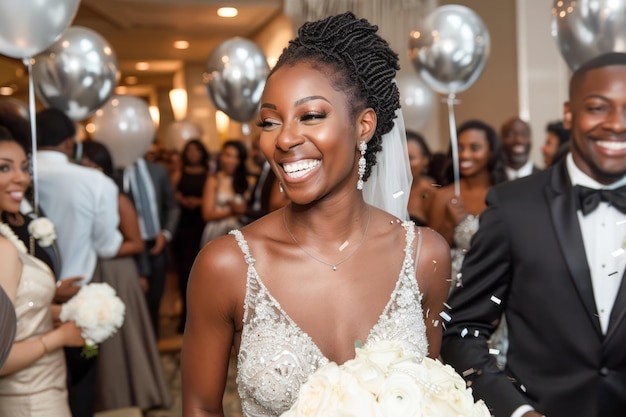 Photo radiant bride with groom enjoying elegant wedding reception surrounded by guests and balloons