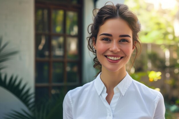 Radiant Businesswoman Embraces Success Outside Her New Office