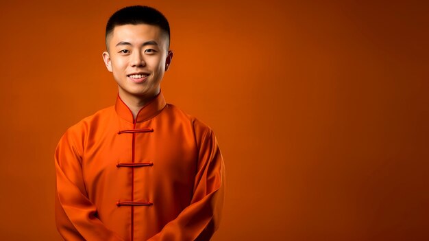 Photo radiant chinese man closeup portrait of happiness on solid background