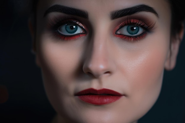 Radiant closeup of a woman39s gray eyes with bold brows and lipstick