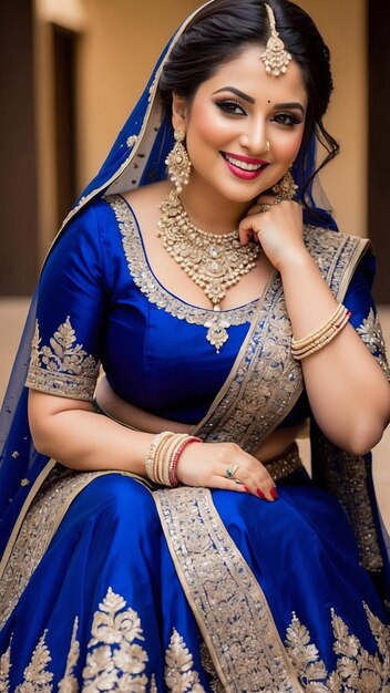 Photo radiant confidence empowering portrait of an overweight indian bride in blue lehenga celebrating tradition generative ai