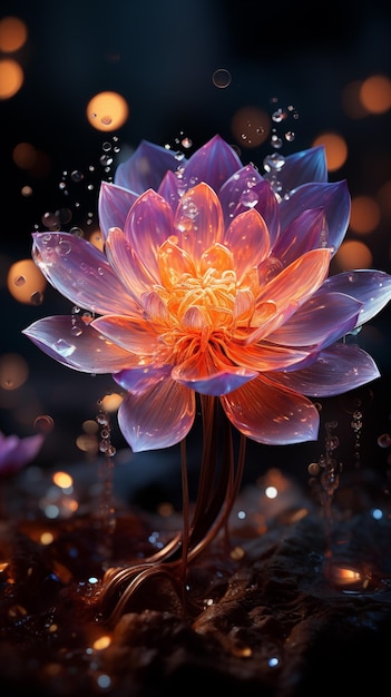 Radiant digital lotus flower glowing in magical darkness