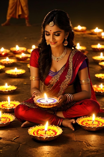 Radiant Diwali Joy Captivating Portrait of a Woman Celebrating the Festival of Lights