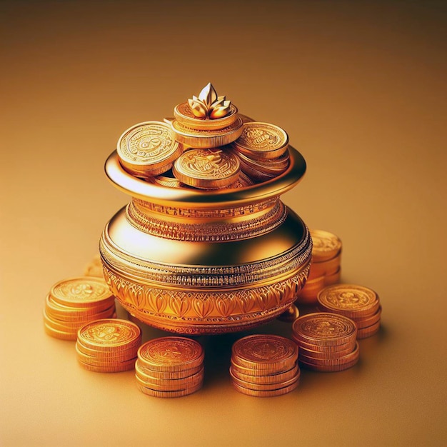 Radiant Diwali Prosperity A Gilded Celebration with a Gold Pot Overflowing with Shimmering Gold Coi